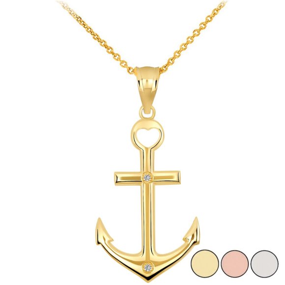 14K Solid Gold Sea Anchor Diamond Heart Cross Pendant Necklace - Picture 1 of 5
